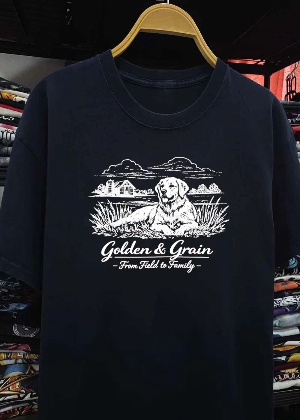 Golden & Grain From Field to Family Dog Lying in Grass T-Shirt