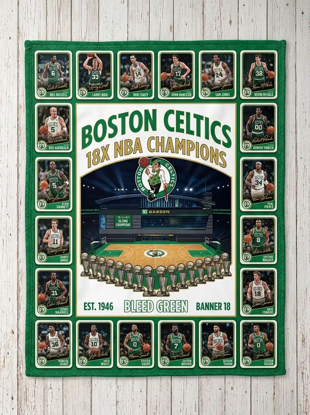 Boston Celtics 18x NBA Champions TD Garden Legends Facsimile Signatures Fleece Throw Blanket