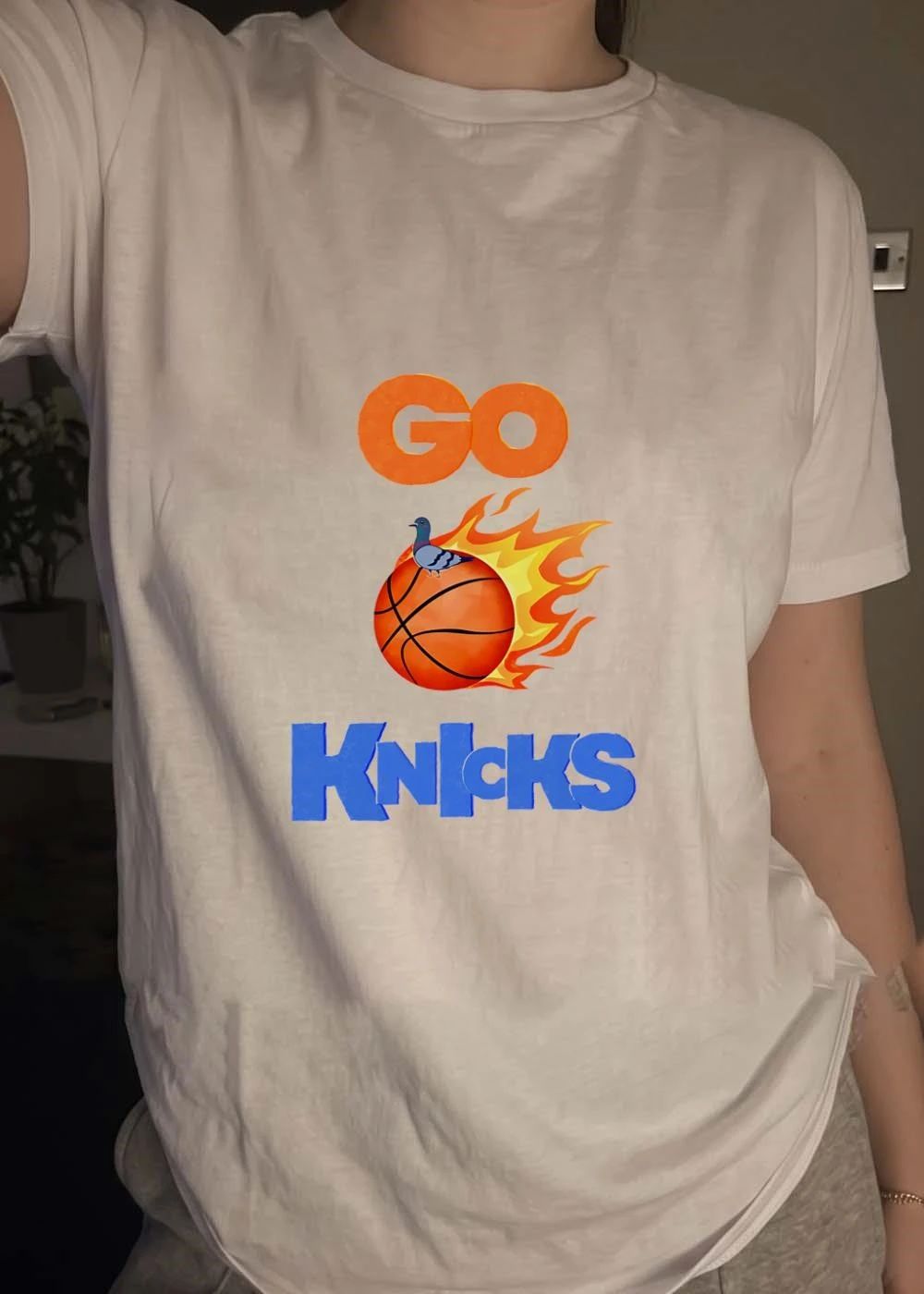 Go Knicks Flying Basketball Fire Flame Pigeon shirt