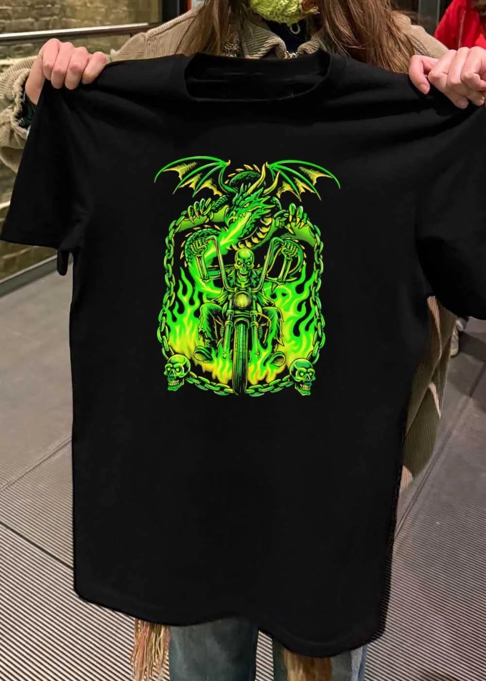 Green Dragon Skeleton Chopper Flames Shirt