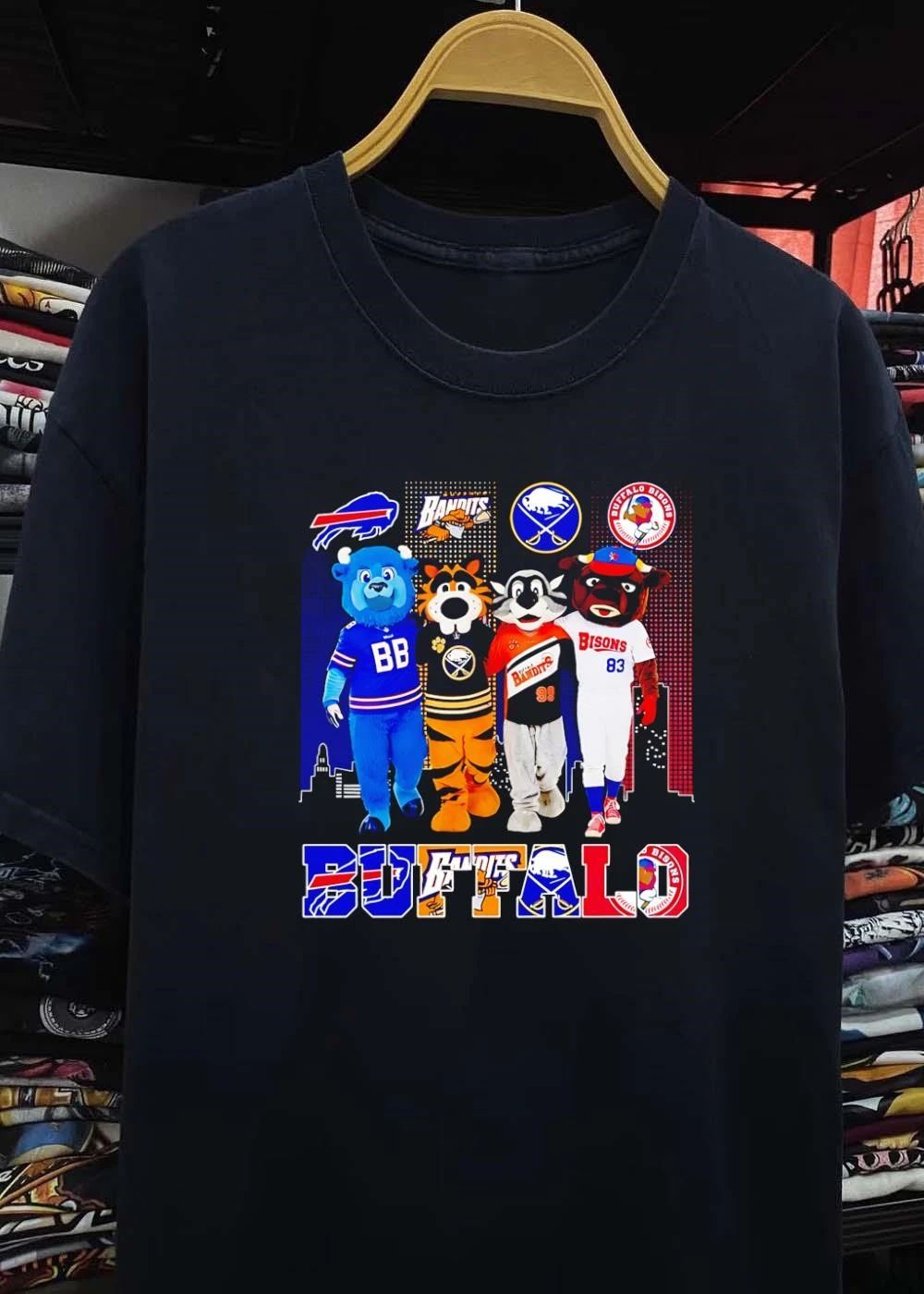 Buffalo Teams Mascots Billy Buffalo Sabretooth Buster Bison City Skyline T-Shirt