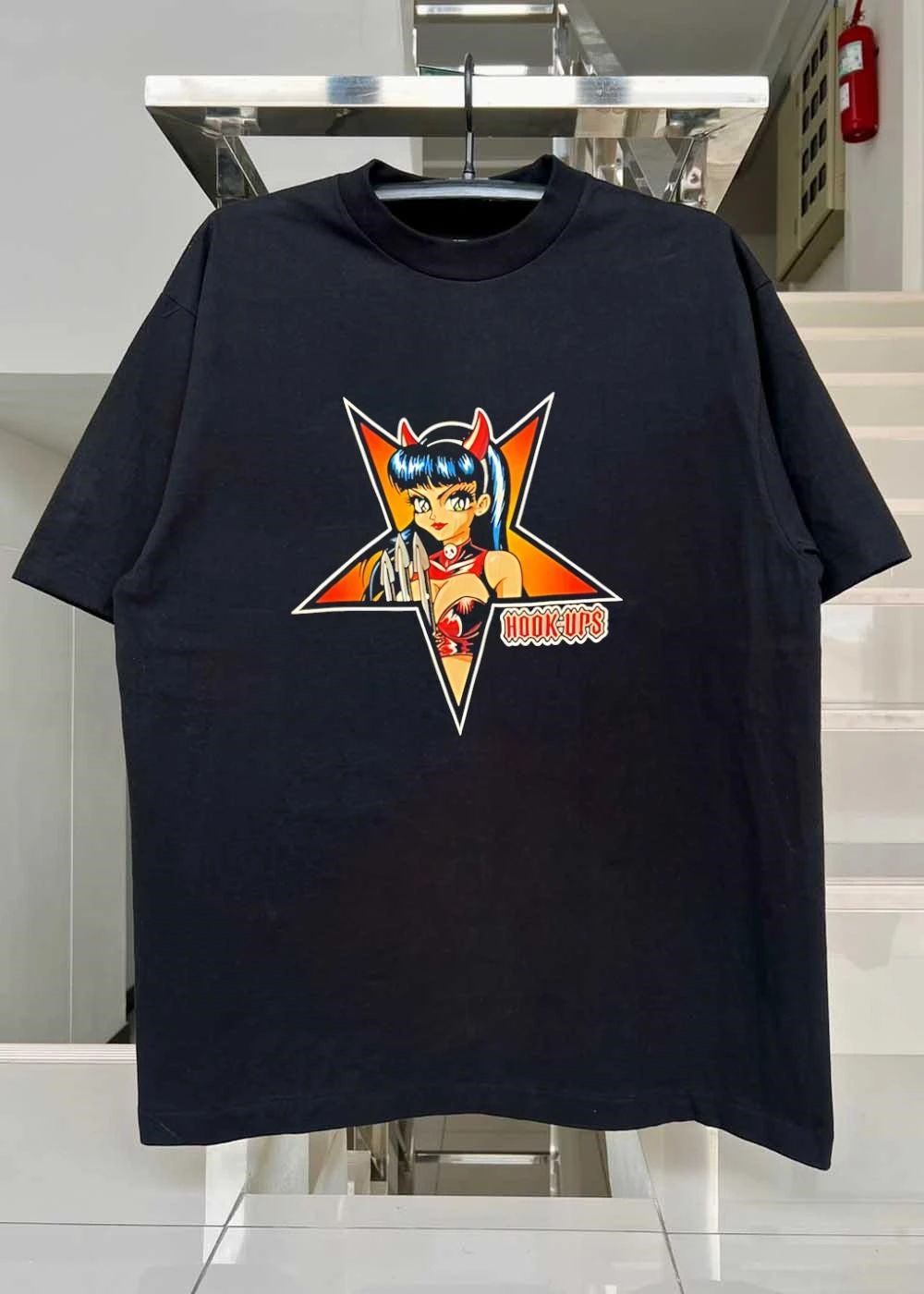 Hook-ups Devil Girl Holding Trident Star Black T-Shirt