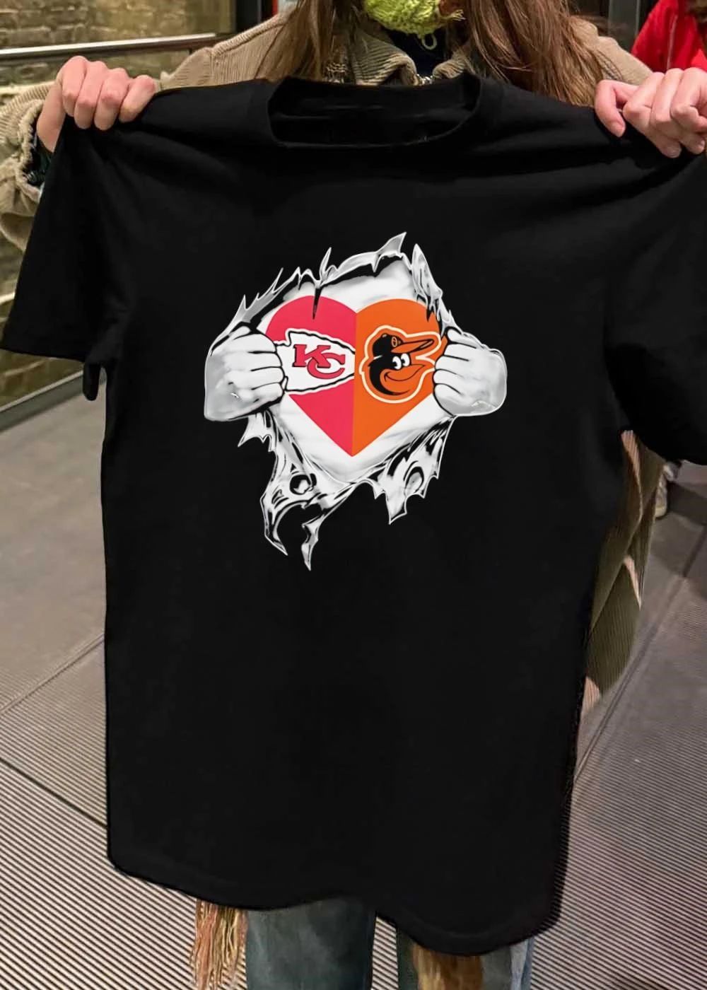 KC Orioles Shirt Heart Ripped Chest T-Shirt