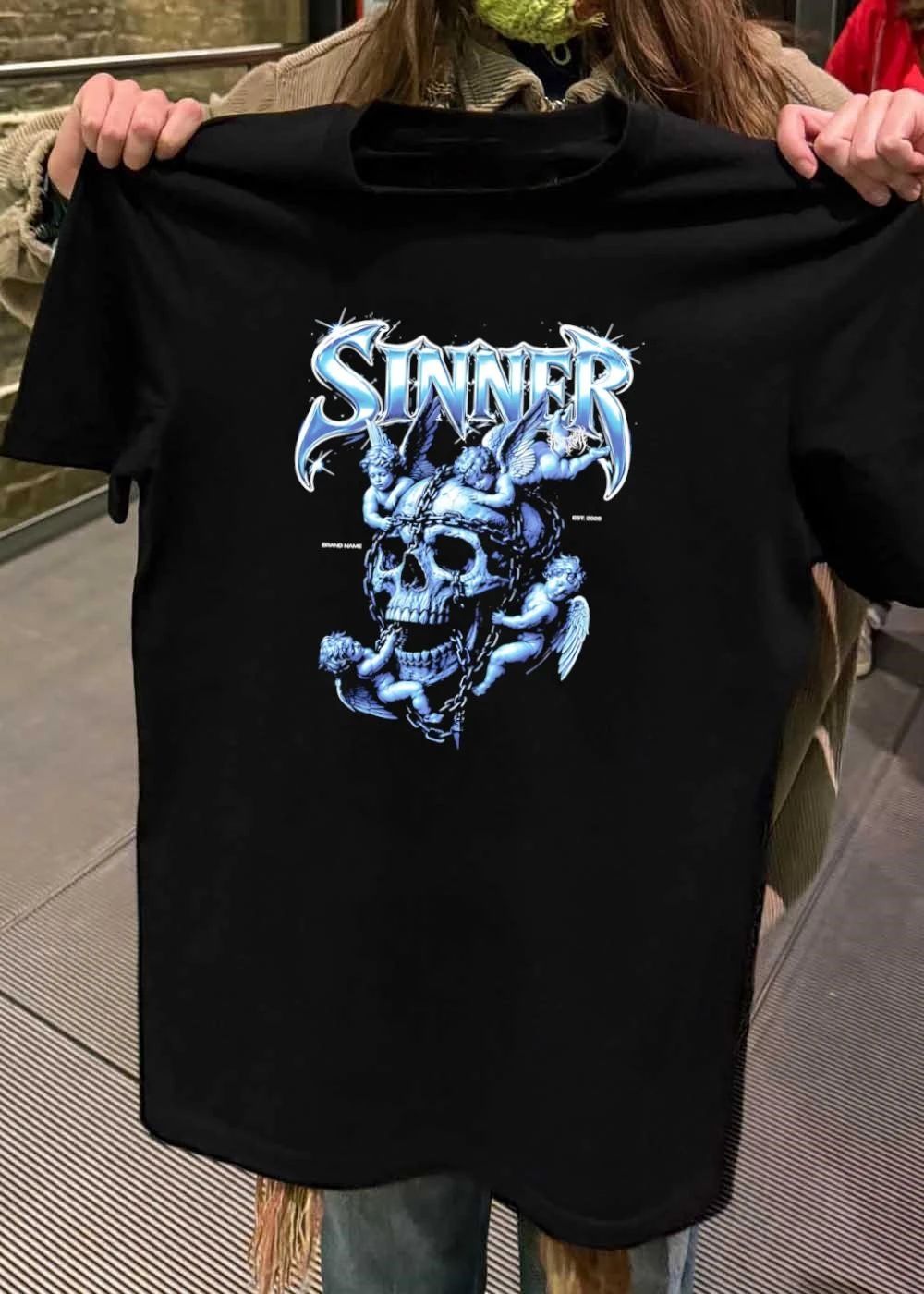 Sinner Chrome Lettering Skull and Angels shirt