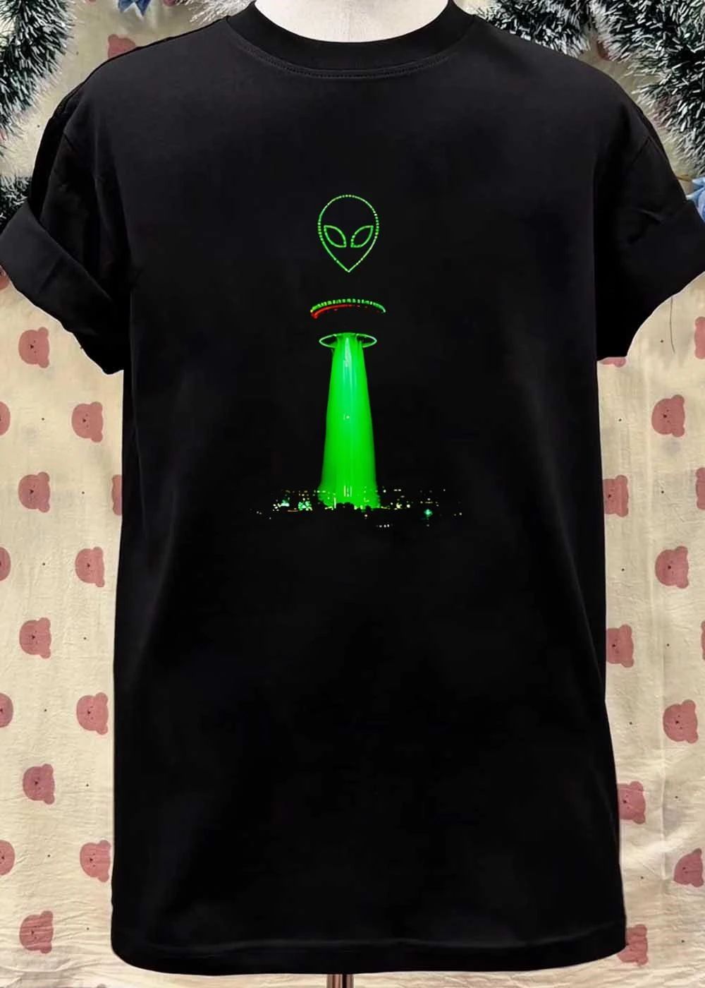 Alien Above City Night Skyline Glow Beam T-Shirt
