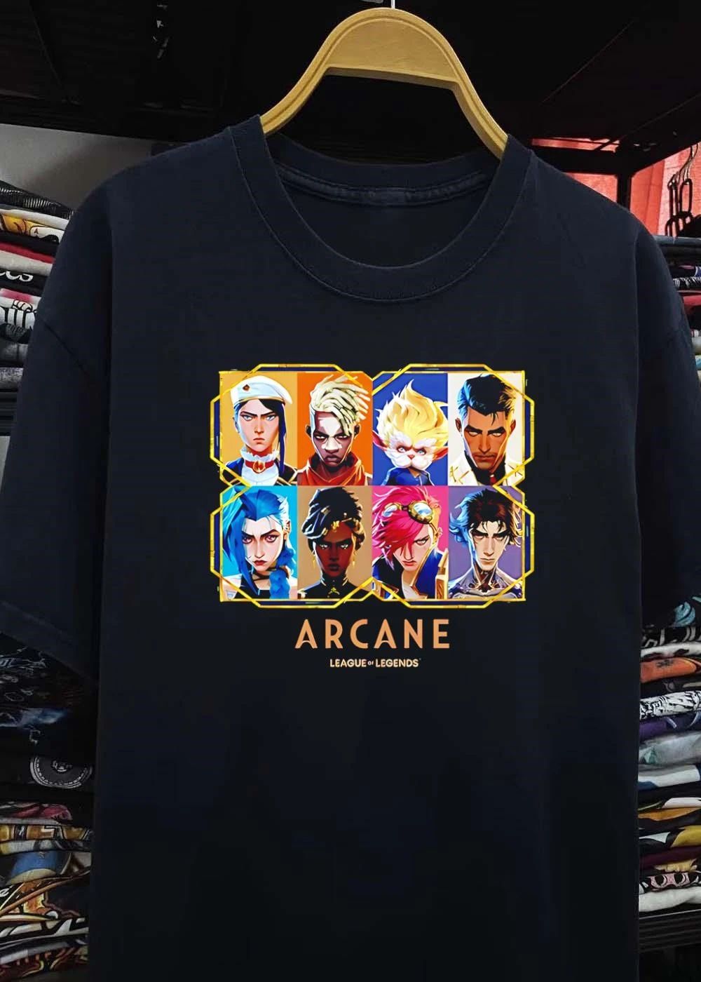 Arcane League of Legends Jinx Vi Piltover Zaun Hextech Characters Gold Frame 2026 Fan Gear Shirt