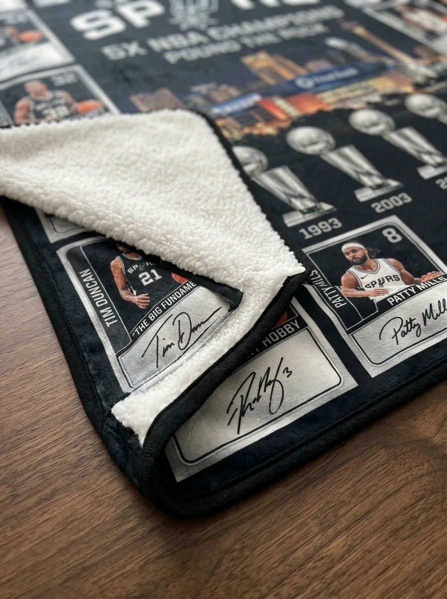 San Antonio Spurs Frost Bank Center 5x NBA Champions Legends Facsimile Signatures Fleece Throw Blanket