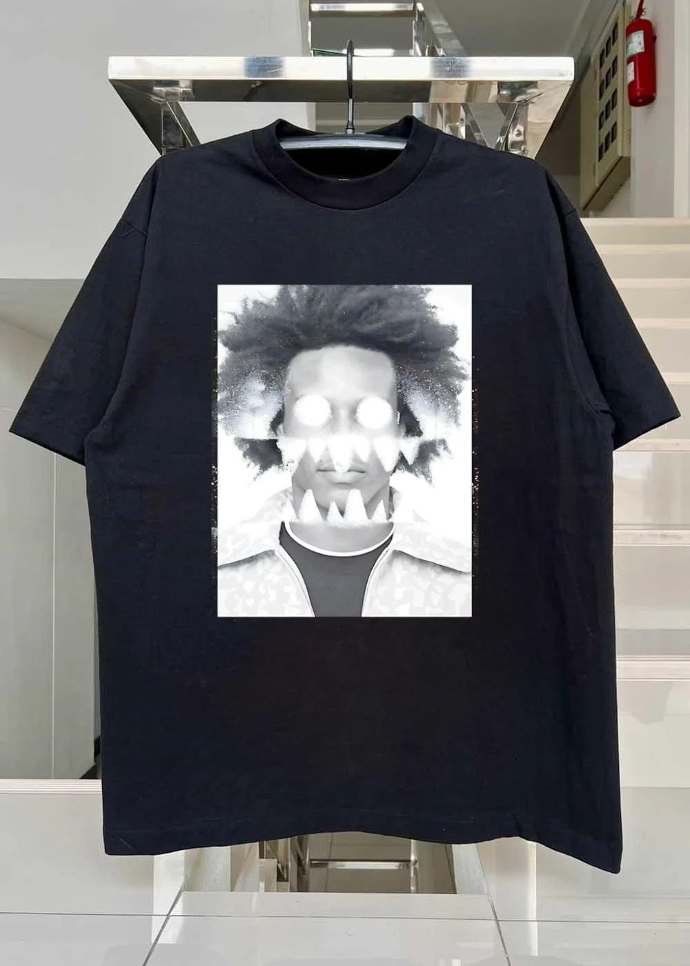 Distressed Graphic Portrait White Glowing Eyes Sharp Teeth T-Shirt