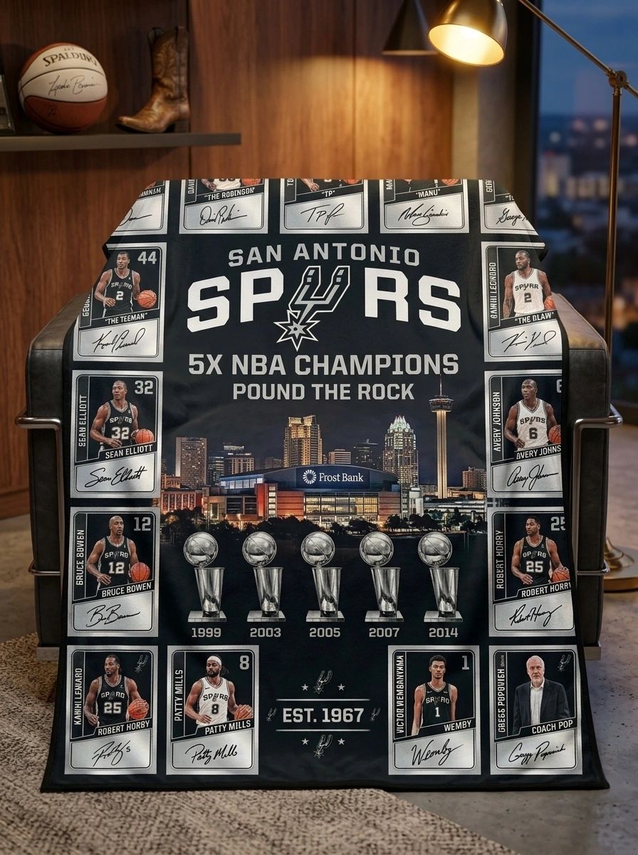San Antonio Spurs Frost Bank Center 5x NBA Champions Legends Facsimile Signatures Fleece Throw Blanket
