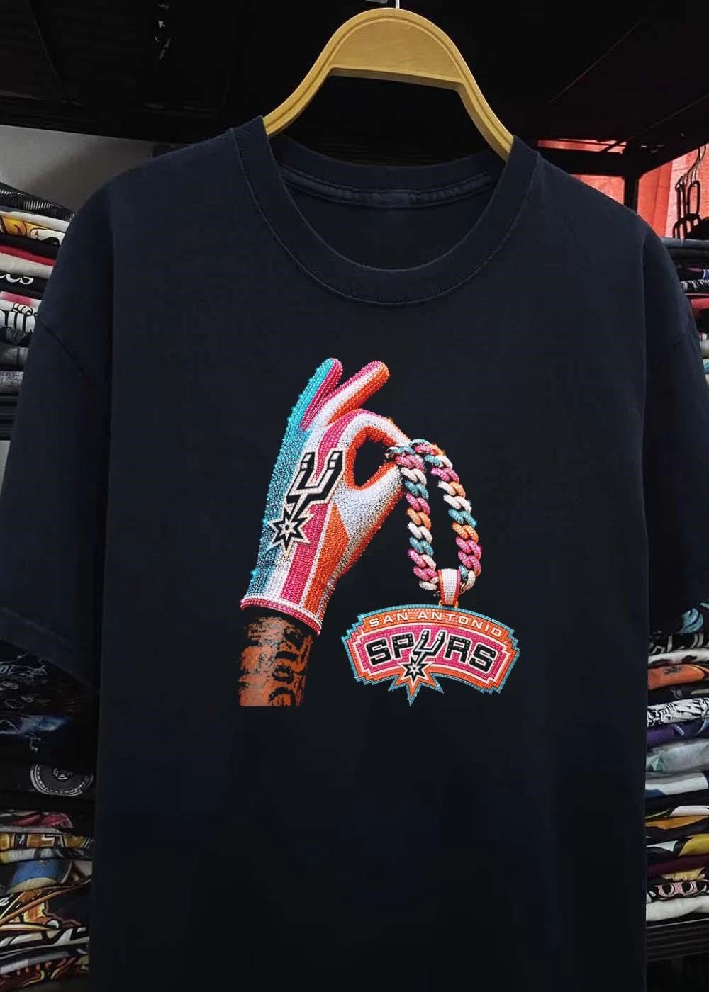 Iced Out Jewelry Hand Holding San Antonio Spurs Pendant T-Shirt