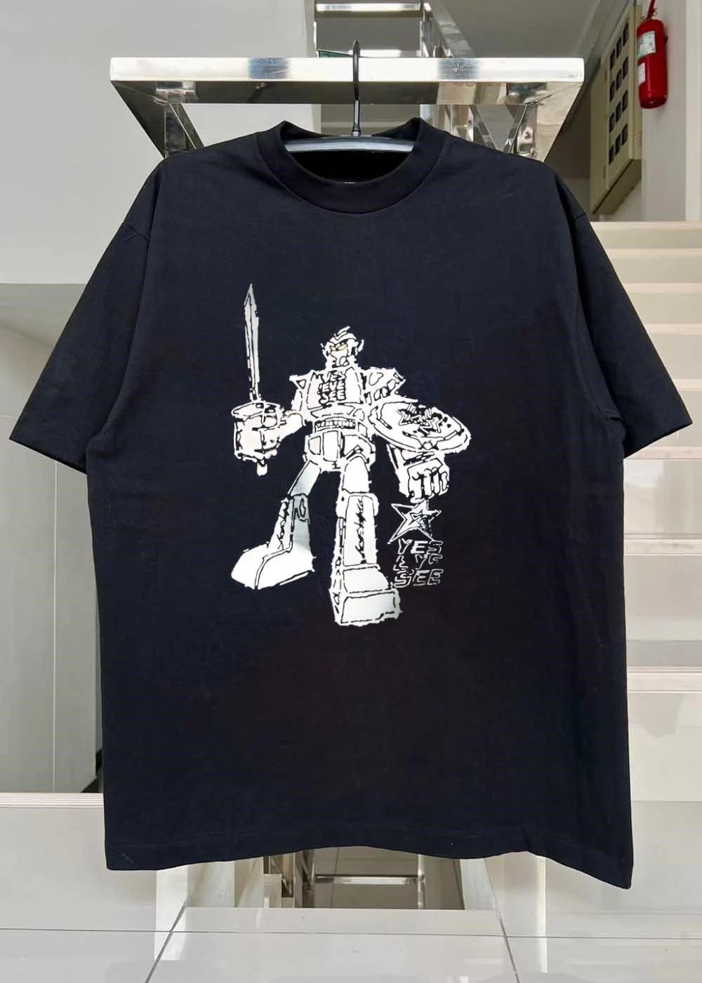 Yes Eye See Robot Holding Sword and Shield with Star Logo T-Shirt