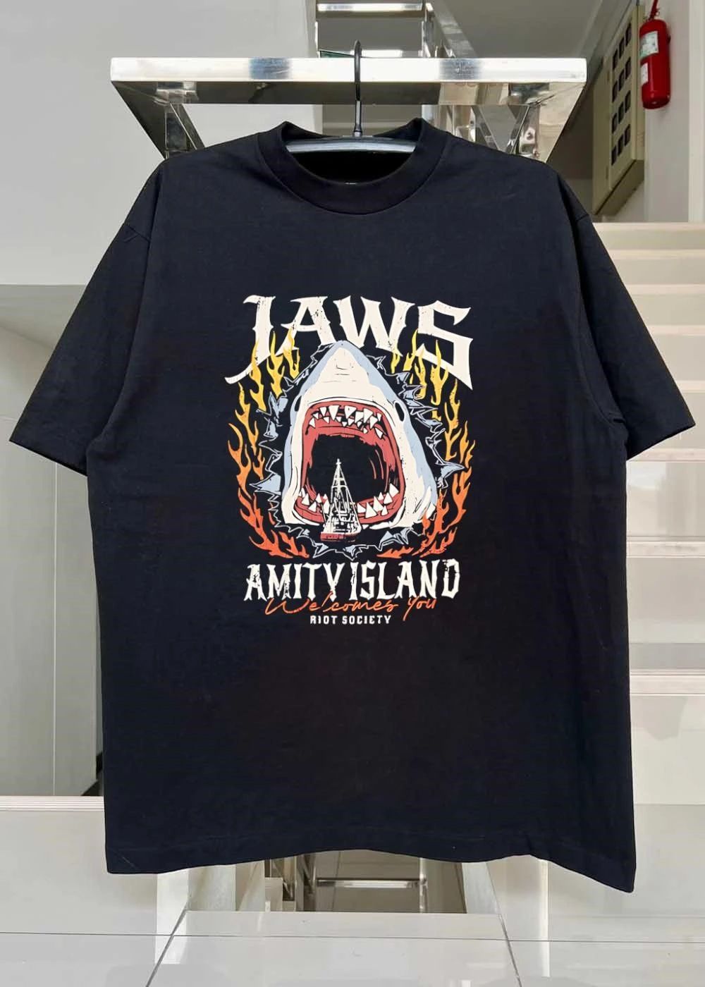 Riot Society Jaws Amity Island Welcomes You Shark Eating Boat T-Shirt