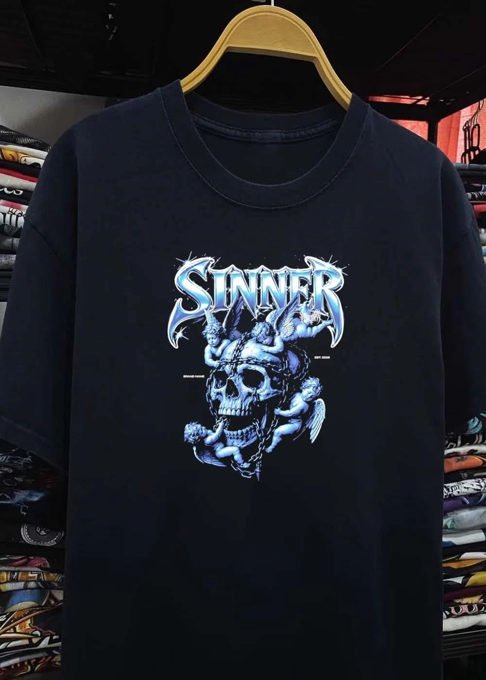 Sinner Chrome Lettering Skull and Angels shirt