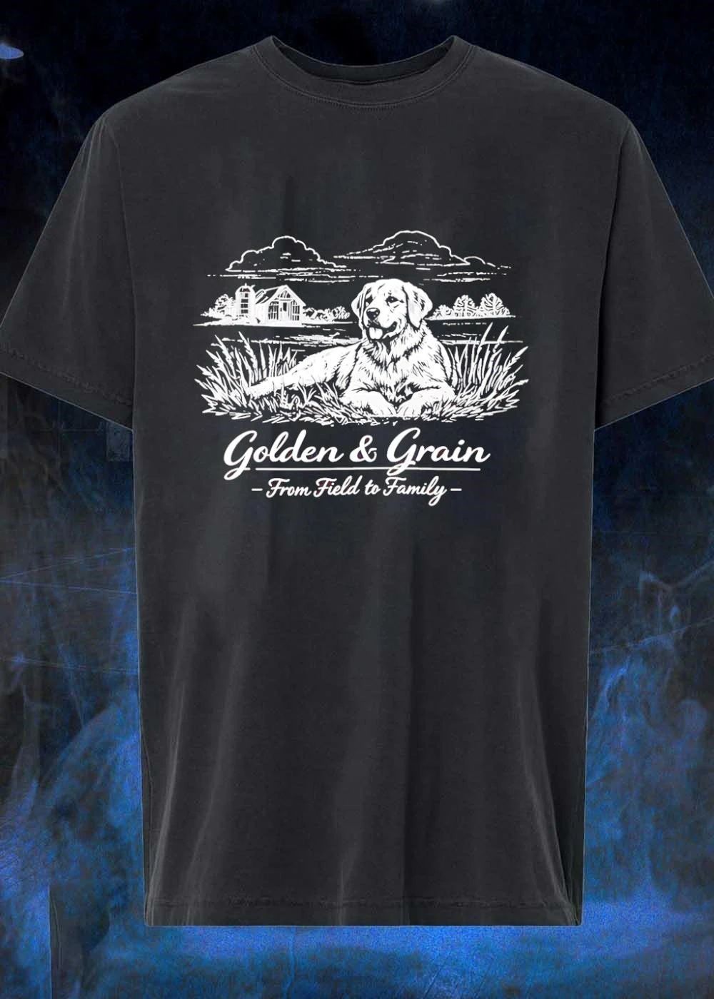 Golden & Grain From Field to Family Dog Lying in Grass T-Shirt