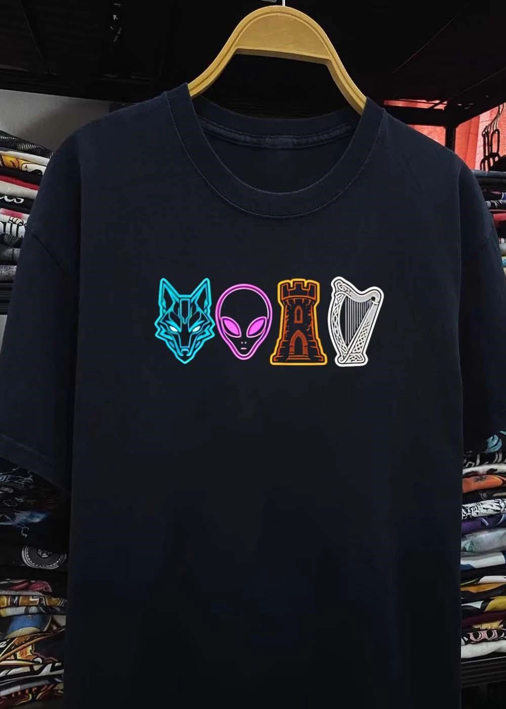 Wolf Alien Castle and Harp Icons Graphic T-Shirt