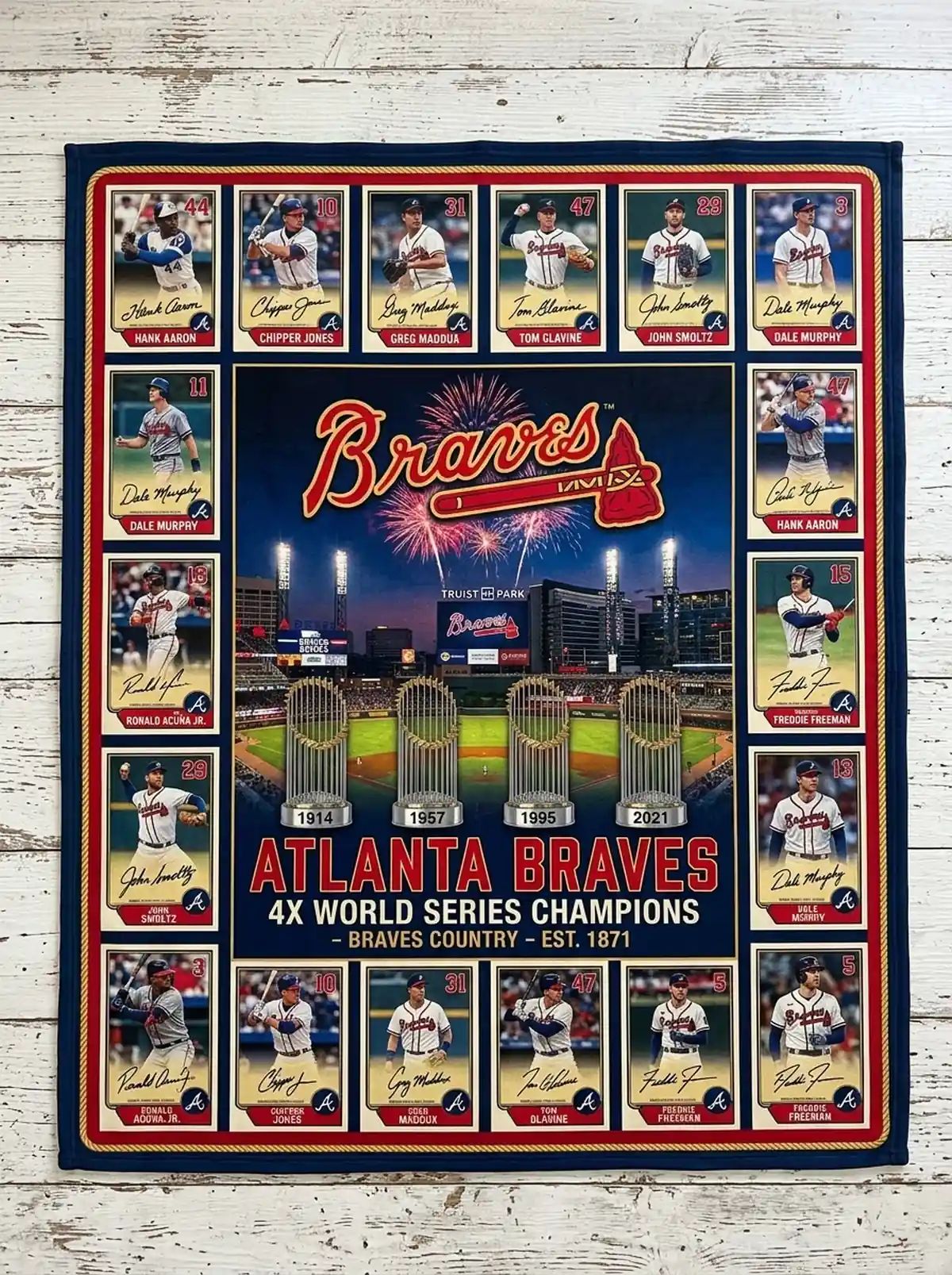 Atlanta Braves Truist Park 4x World Series Champions Legends Facsimile Signatures Fleece Throw Blanket
