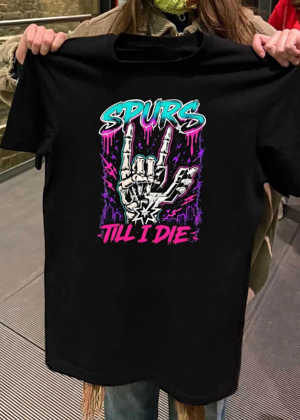 Spurs Till I Die Skeleton Hand Rock On Sign San Antonio Basketball T-Shirt
