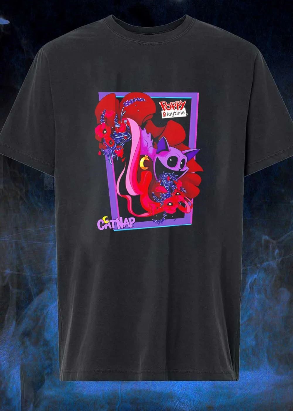 Poppy Playtime CatNap Chapter 3 Trending Smiling Purple Cat Moon Flowers Horror Game Shirt