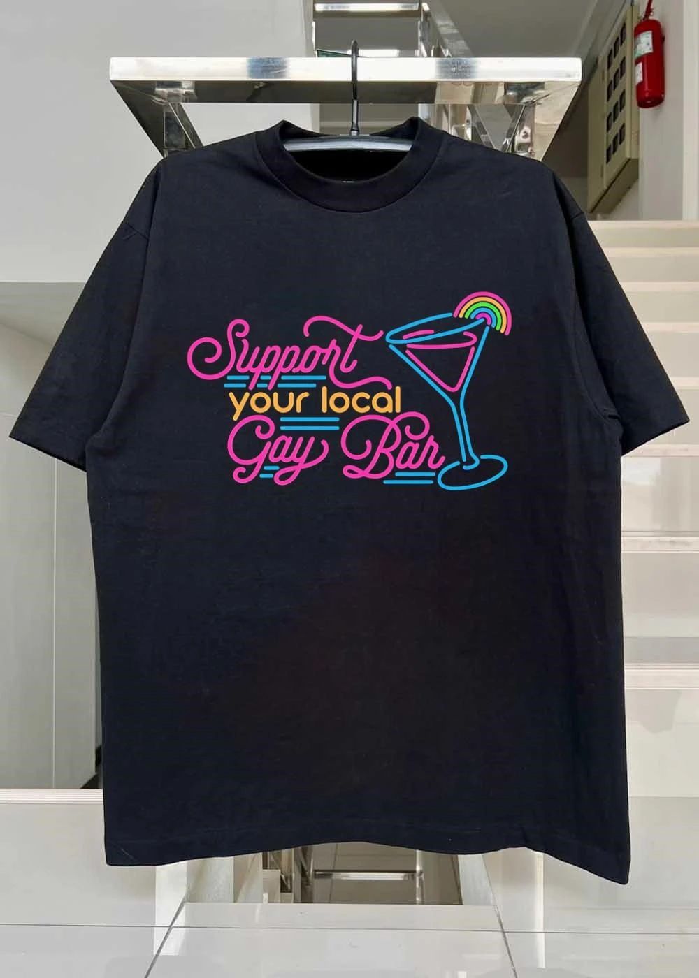 Support Your Local Gay Bar Neon Cocktail Drink Pride shirt