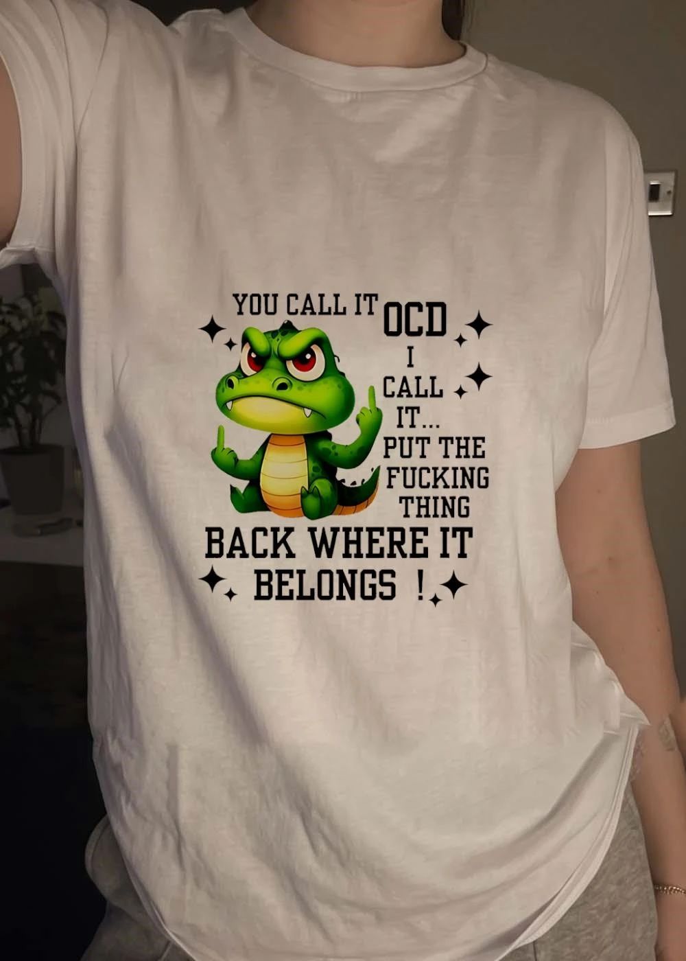 Angry Crocodile Giving Middle Finger Funny OCD Put The Fucking Thing Back T-Shirt