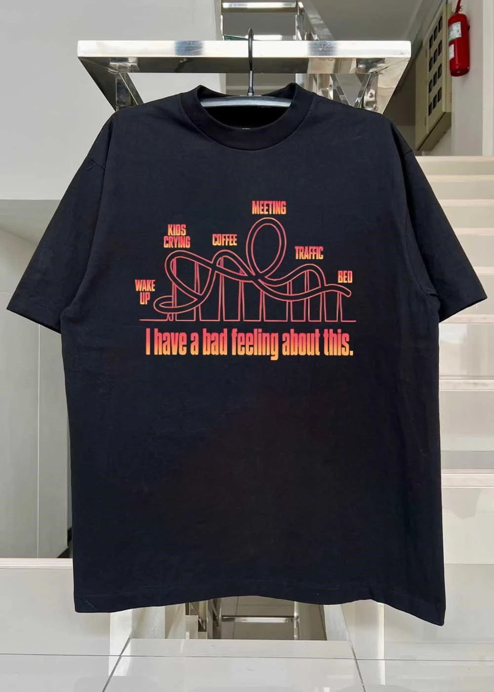 Daily Routine Roller Coaster Wake Up Kids Crying Coffee Meeting Traffic Bed T-Shirt