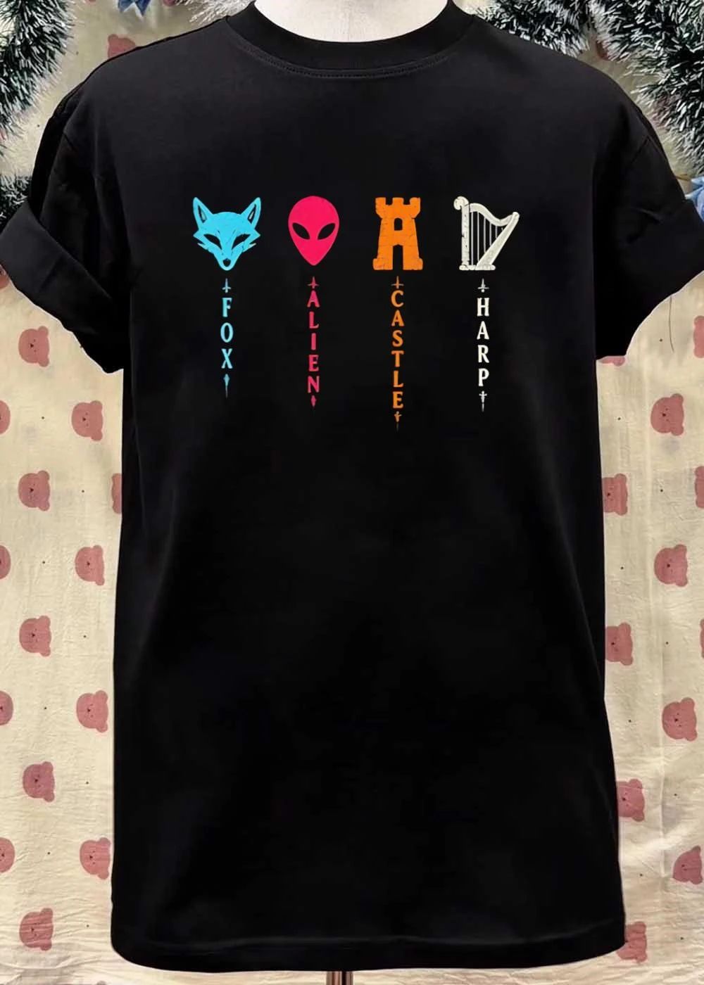 Fox Alien Castle Harp Icons Vertical Text Graphic T-Shirt