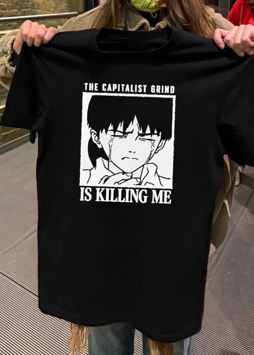 The Capitalist Grind Is Killing Me Shinji Ikari Crying Anime T-Shirt