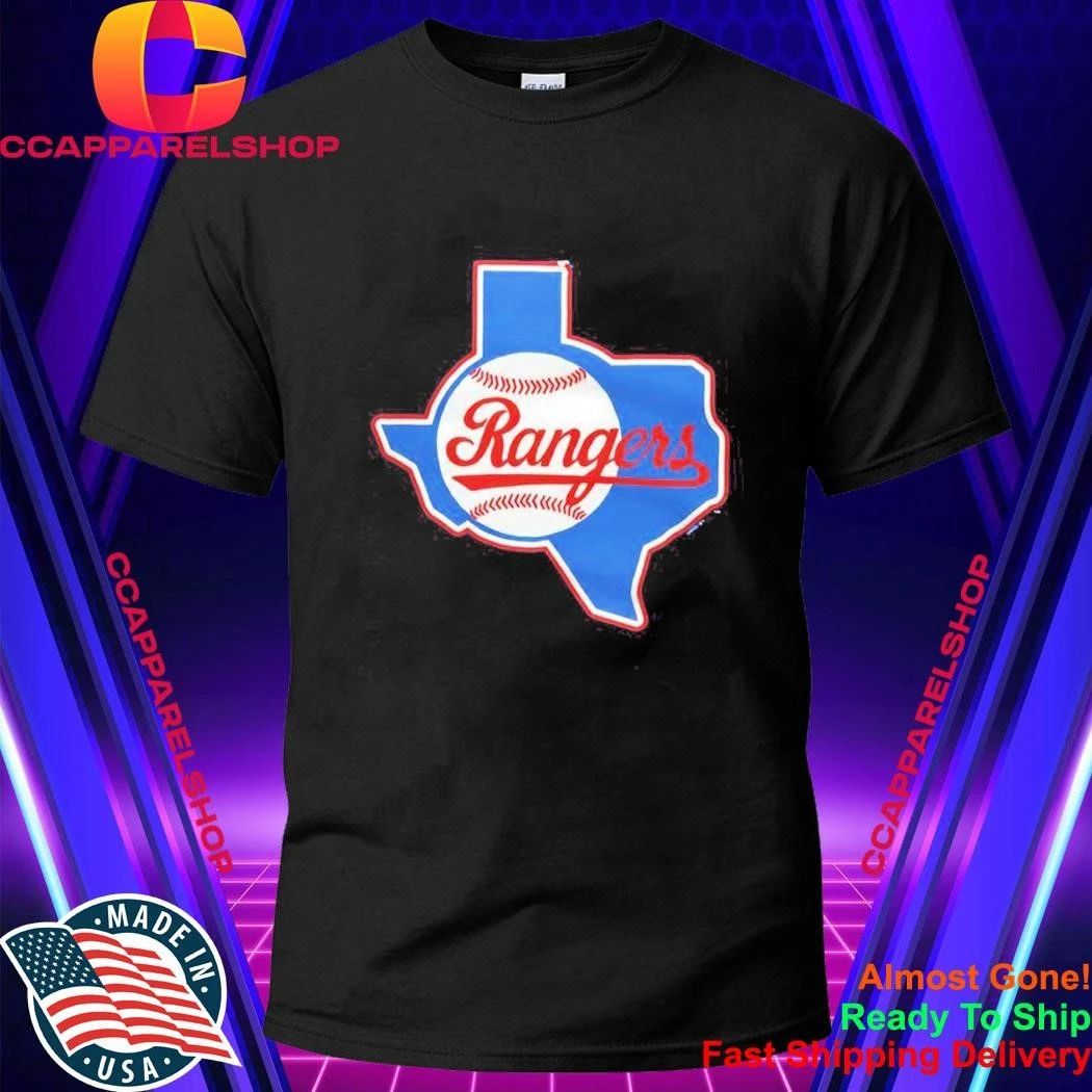 Texas Rangers Texas state outline baseball cursive script logo Shirt