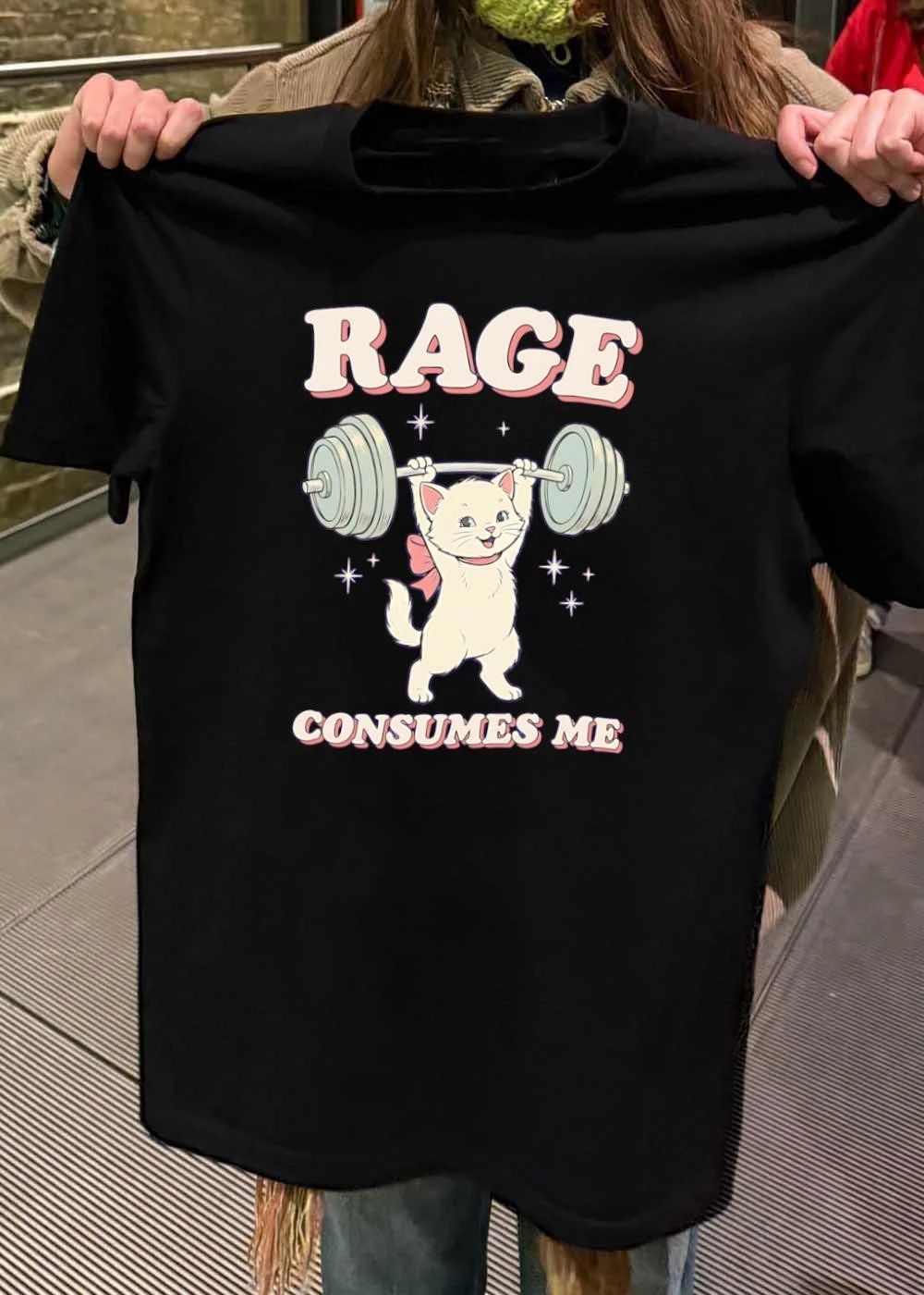 Gym Cat Lifting Weights Rage Consumes Me White Kitten T-Shirt