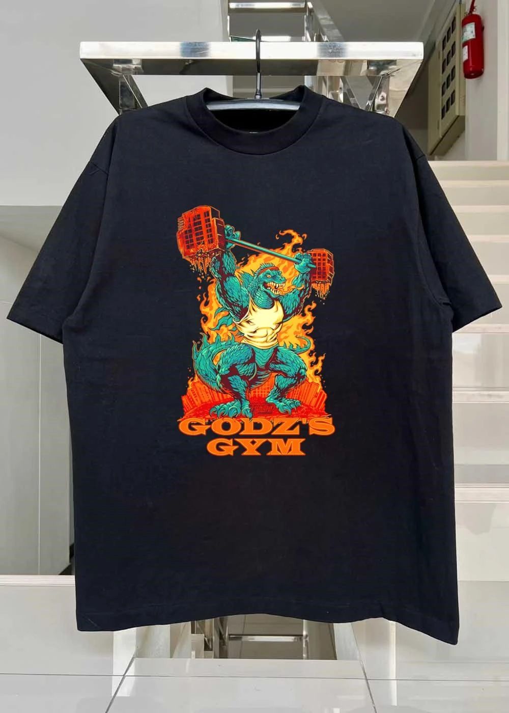 Godz’s Gym Godzilla Building Barbell Lifting Shirt