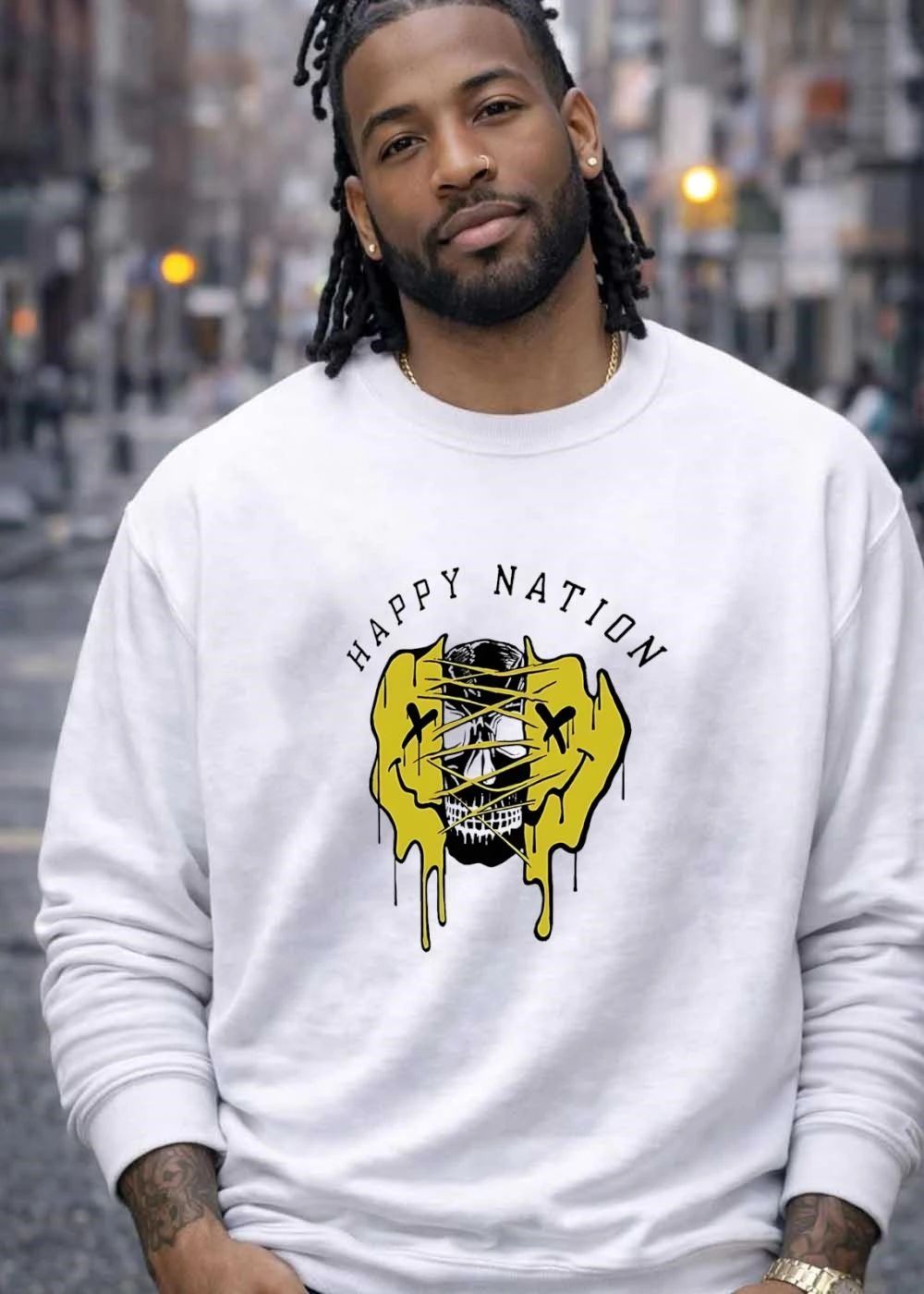 Skull melting smiley face Happy Nation shirt