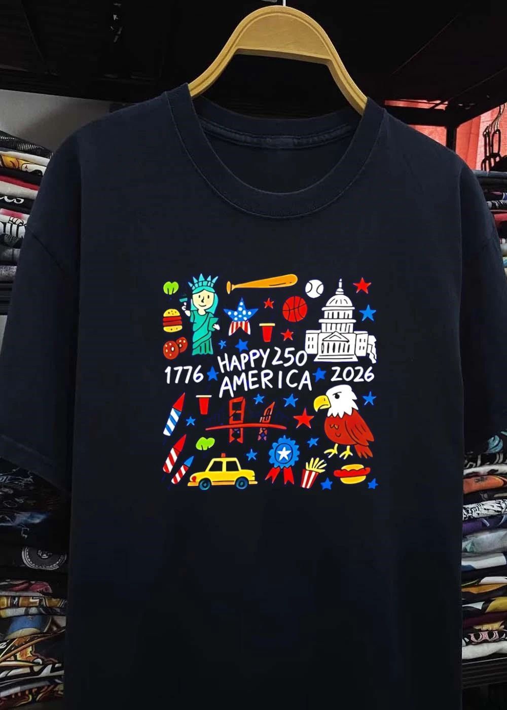 Happy 250th Anniversary Commemorative Icons Symbols USA Patriotic T-Shirt