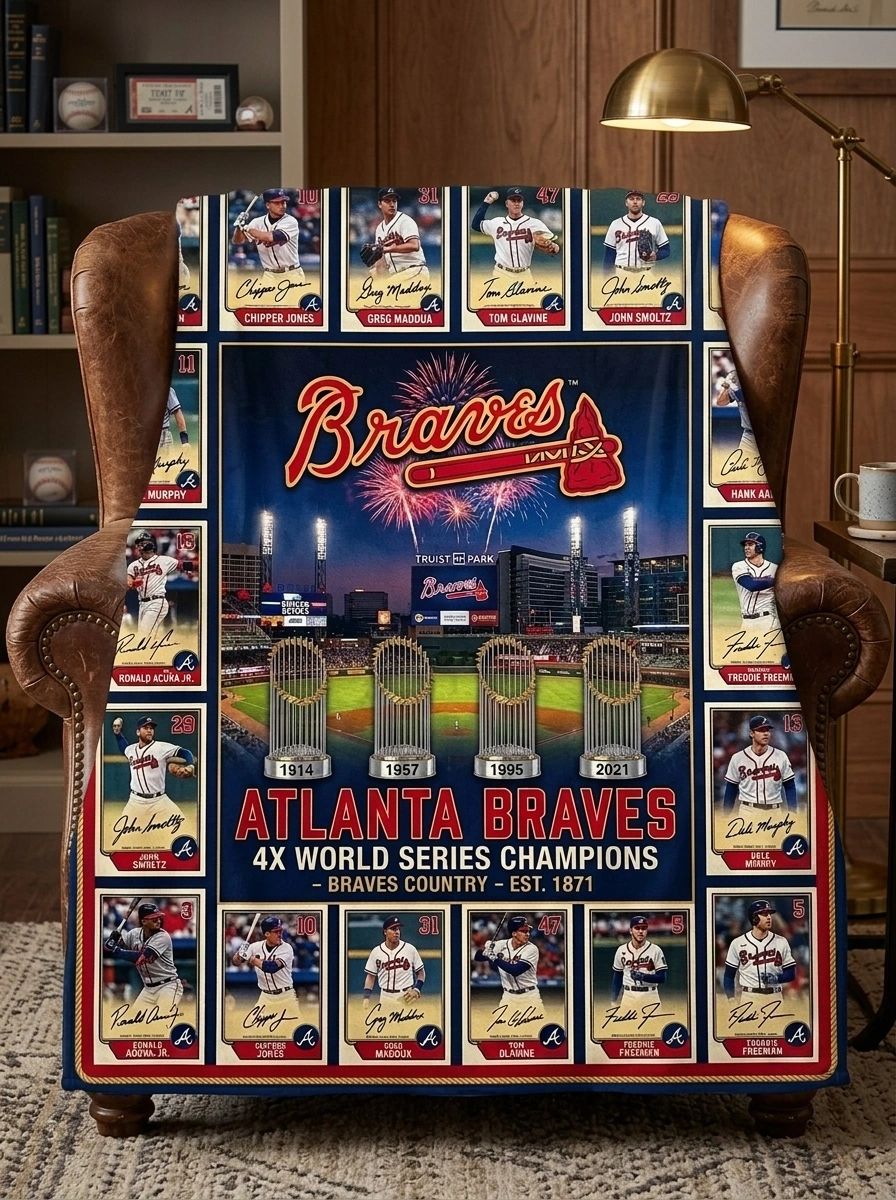 Atlanta Braves Truist Park 4x World Series Champions Legends Facsimile Signatures Fleece Throw Blanket