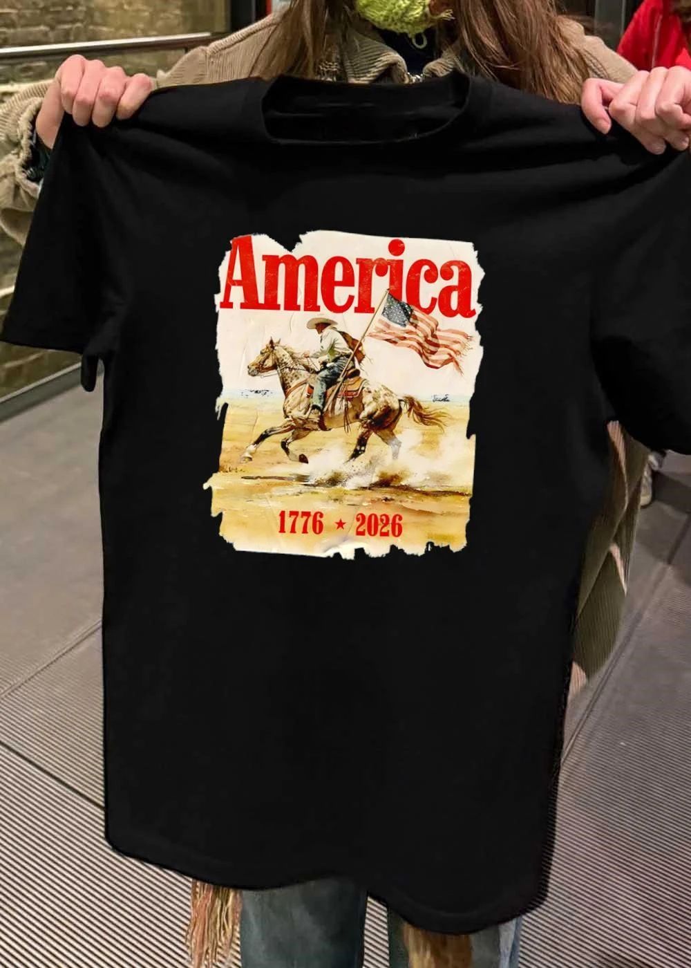 America 1776 2026 Cowboy Riding Horse Holding American Flag Vintage shirt