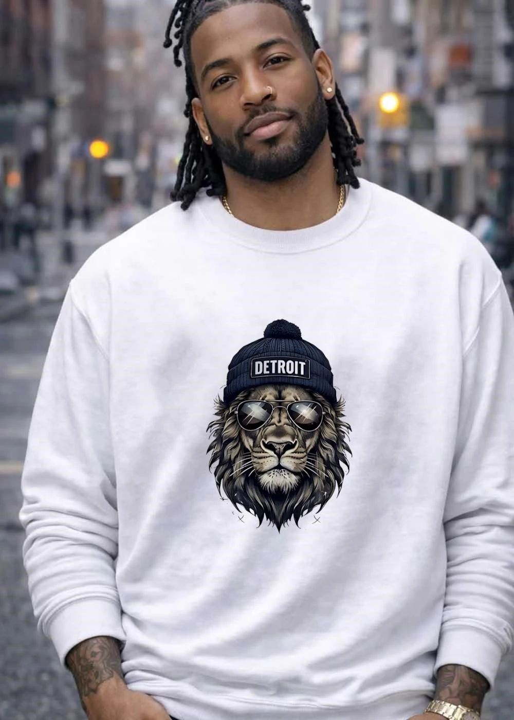 Detroit Lion Wearing Sunglasses with Pom Pom Hat Winter Style T-Shirt