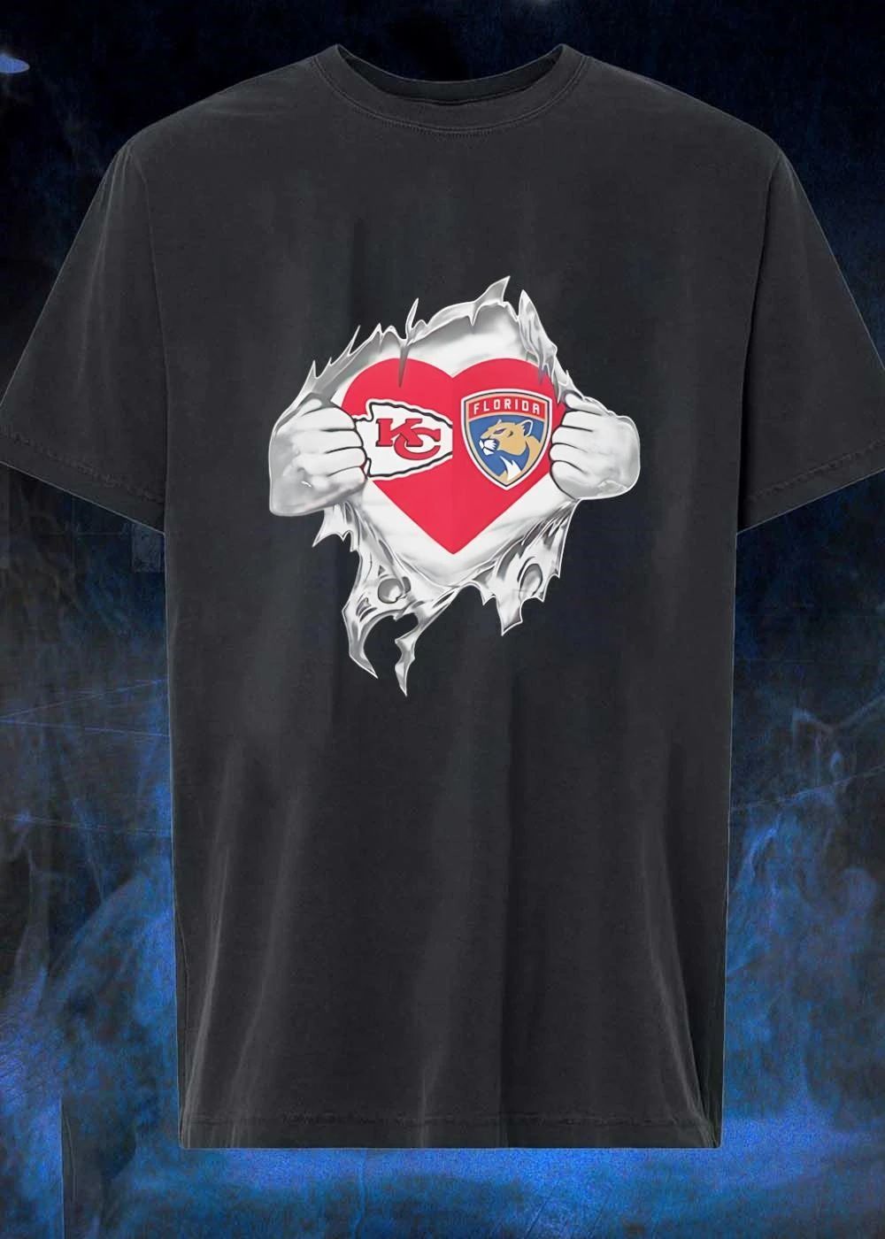 KC Chiefs and Florida Panthers Heart Ripped Chest T-Shirt