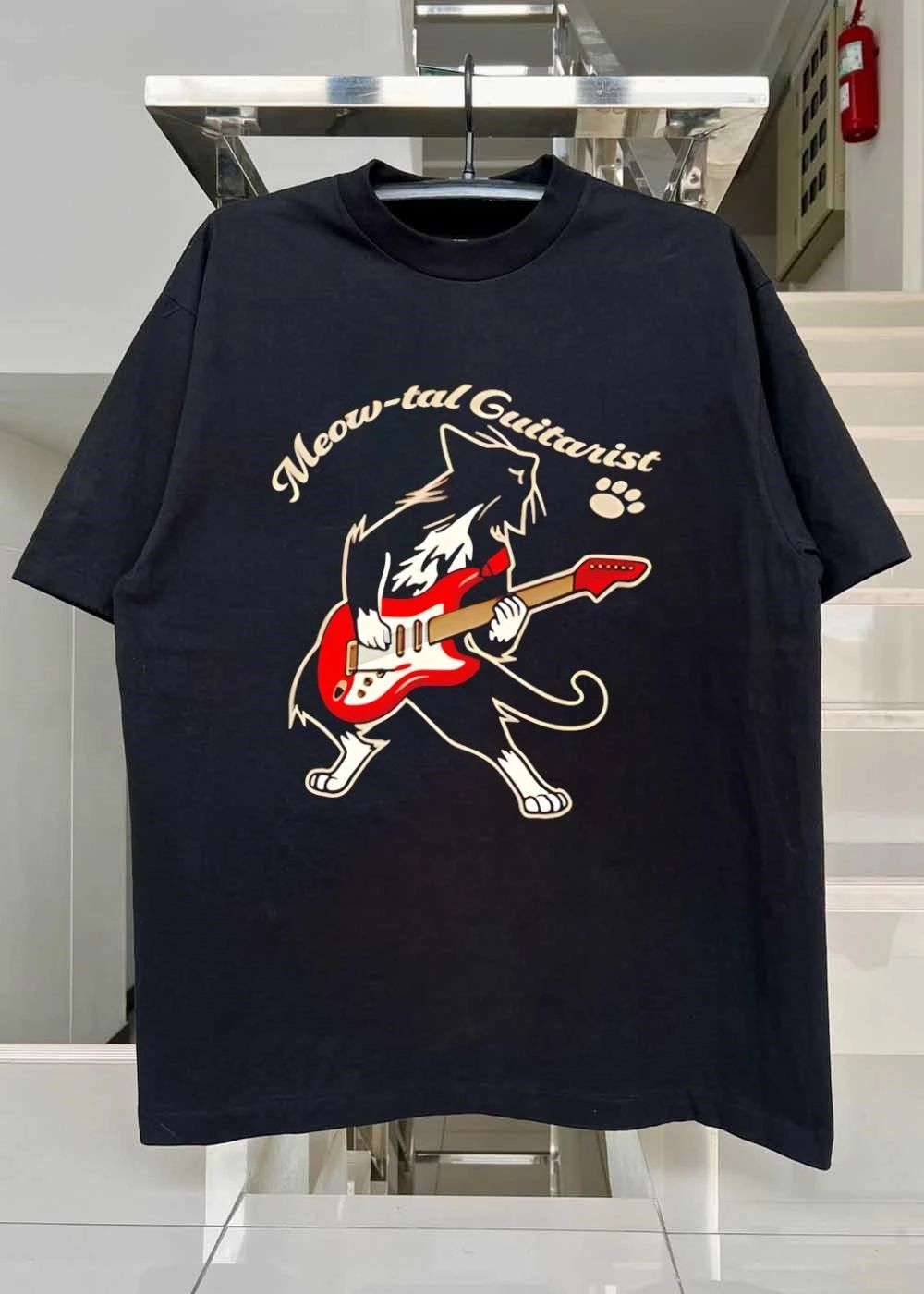 Paw Print Meow-tal Guitarist Playing Electric Guitar T-Shirt