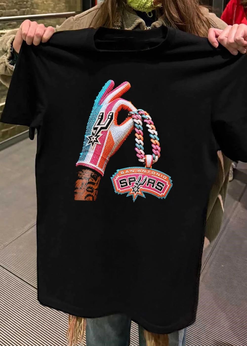 Iced Out Jewelry Hand Holding San Antonio Spurs Pendant T-Shirt