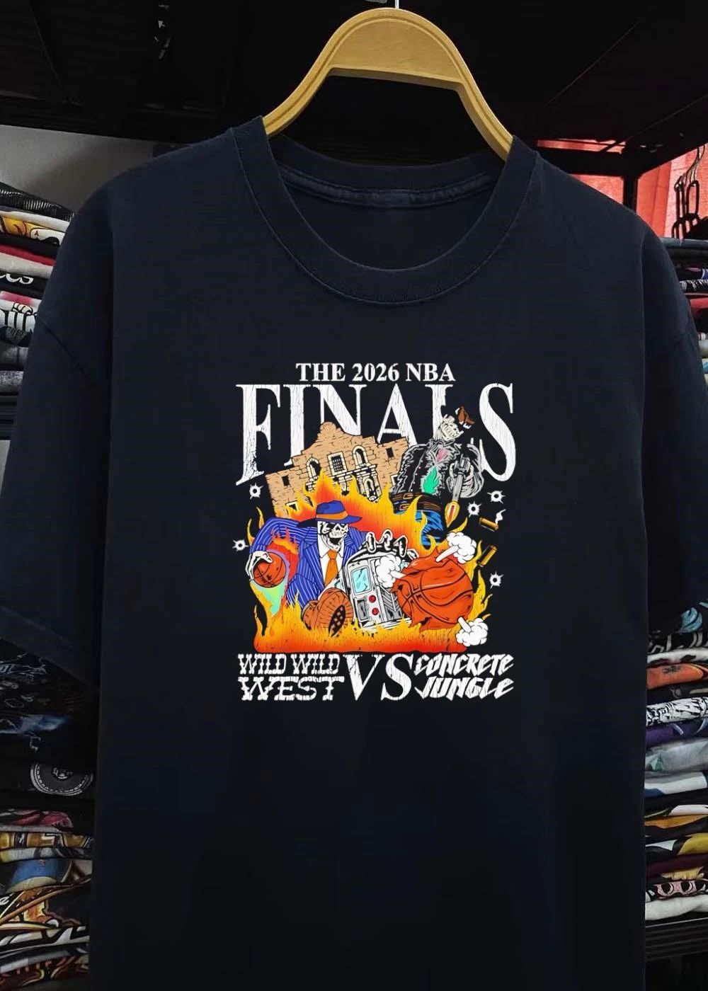 The 2026 NBA Finals Wild Wild West vs Concrete Jungle Spurs Knicks Skeleton shirt