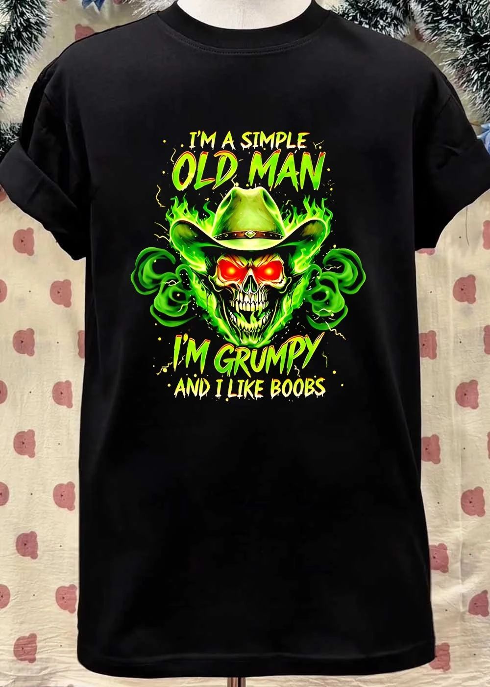 Grumpy Old Man Skull Flaming Cowboy Hat I Like Boobs T-Shirt