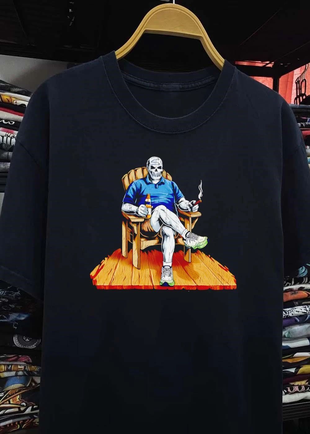 DarthBeards Skull Sitting in a Lawn Chair with Beer and Cigar T-Shirt