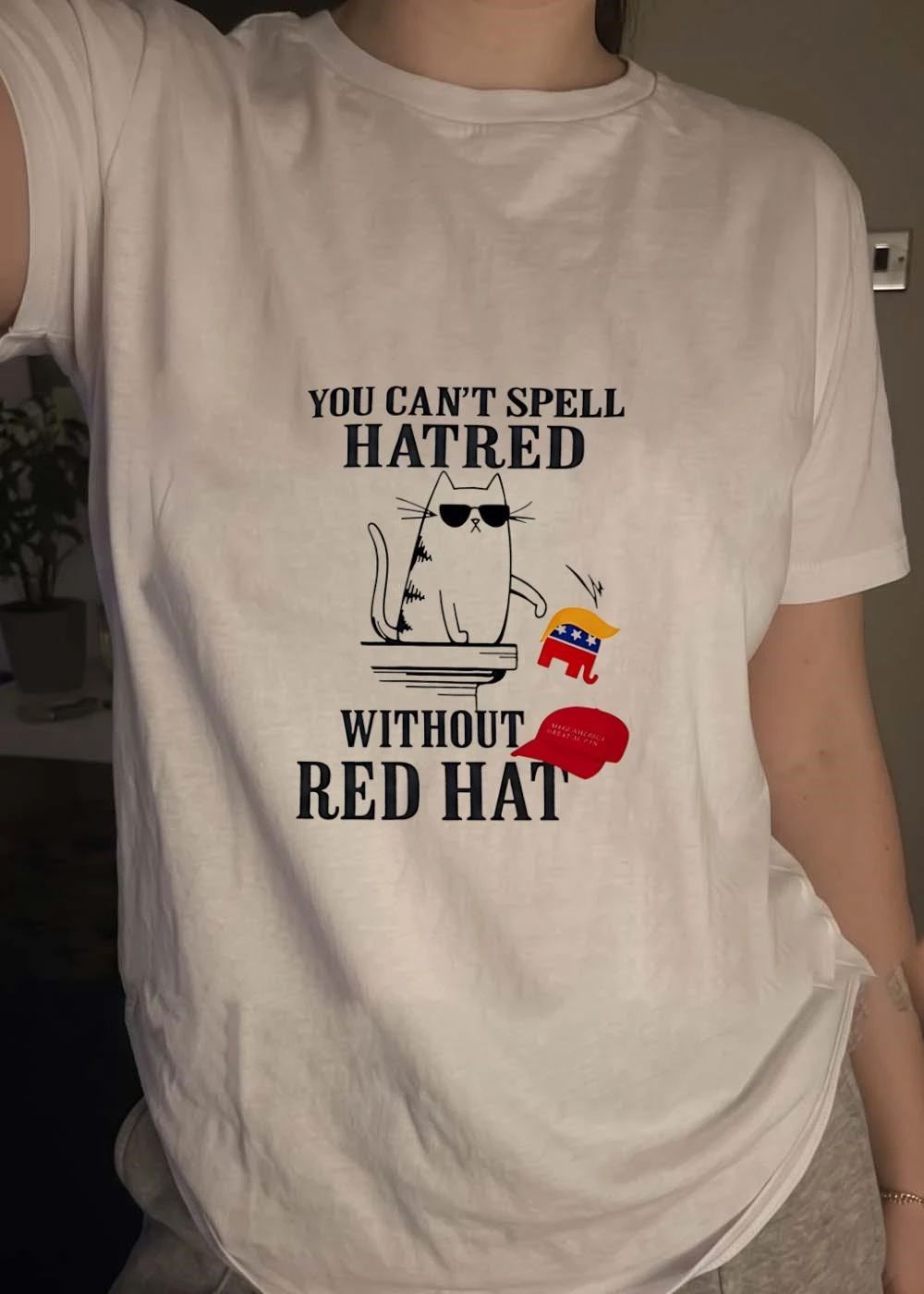 Anti-Trump Political Apparel Cat Knocking Down Elephant Symbol You Can Not Spell Hatred Without Red Hat T-Shirt