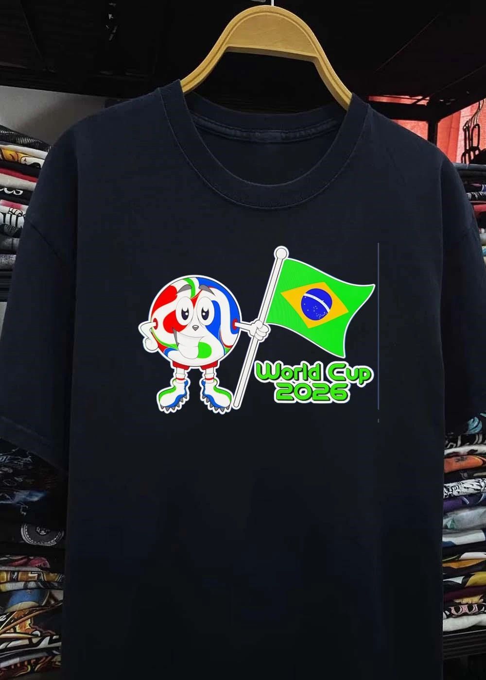 Dads Cartoons Mascot Holding Brazil Flag World Cup 2026 T-Shirt
