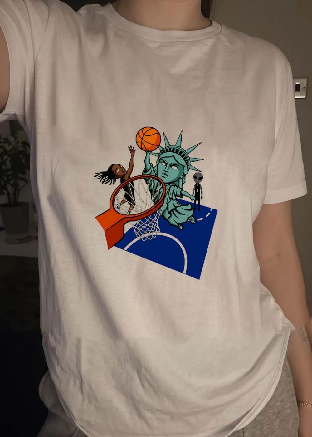 Joe Maracic Statue of Liberty Playing Basketball with Alien and Athlete T-Shirt