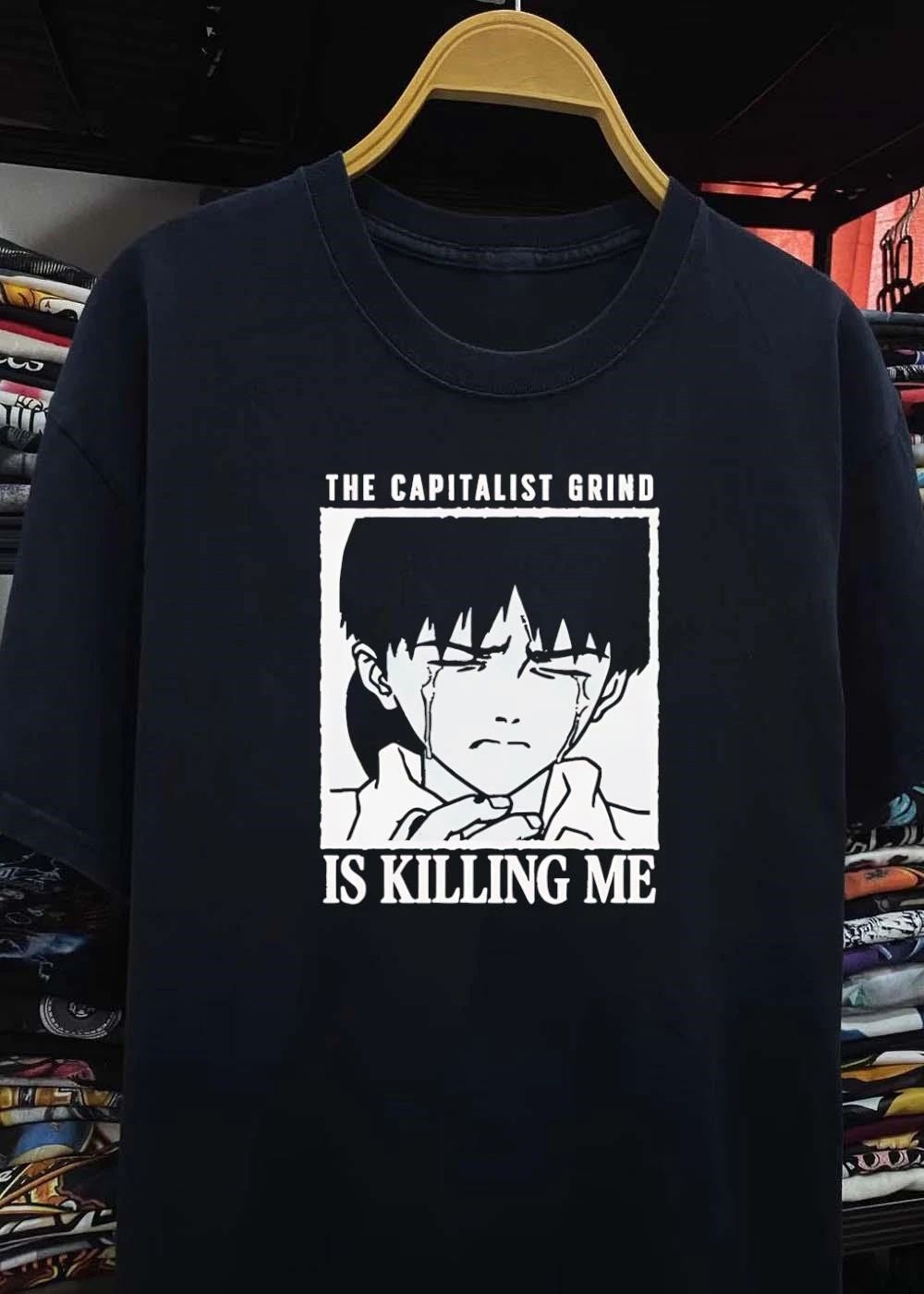 The Capitalist Grind Is Killing Me Shinji Ikari Crying Anime T-Shirt