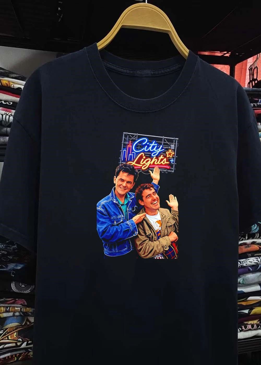 Two Men Smiling and Waving City Lights Shirt