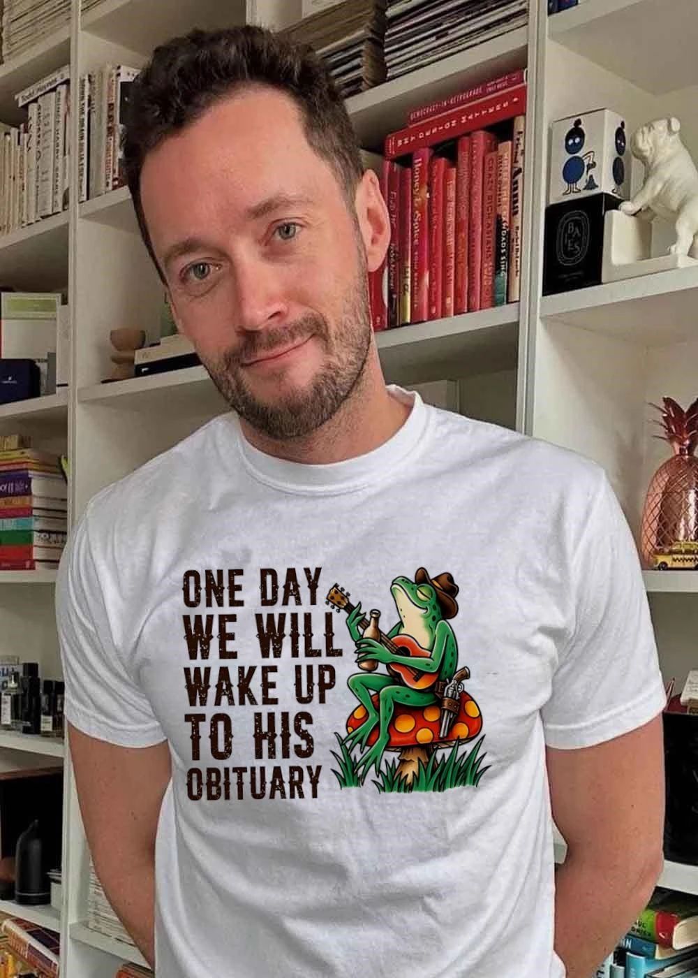 Funny Frog One Day We Will Wake up to His Obituary Cowboy Guitar T-Shirt