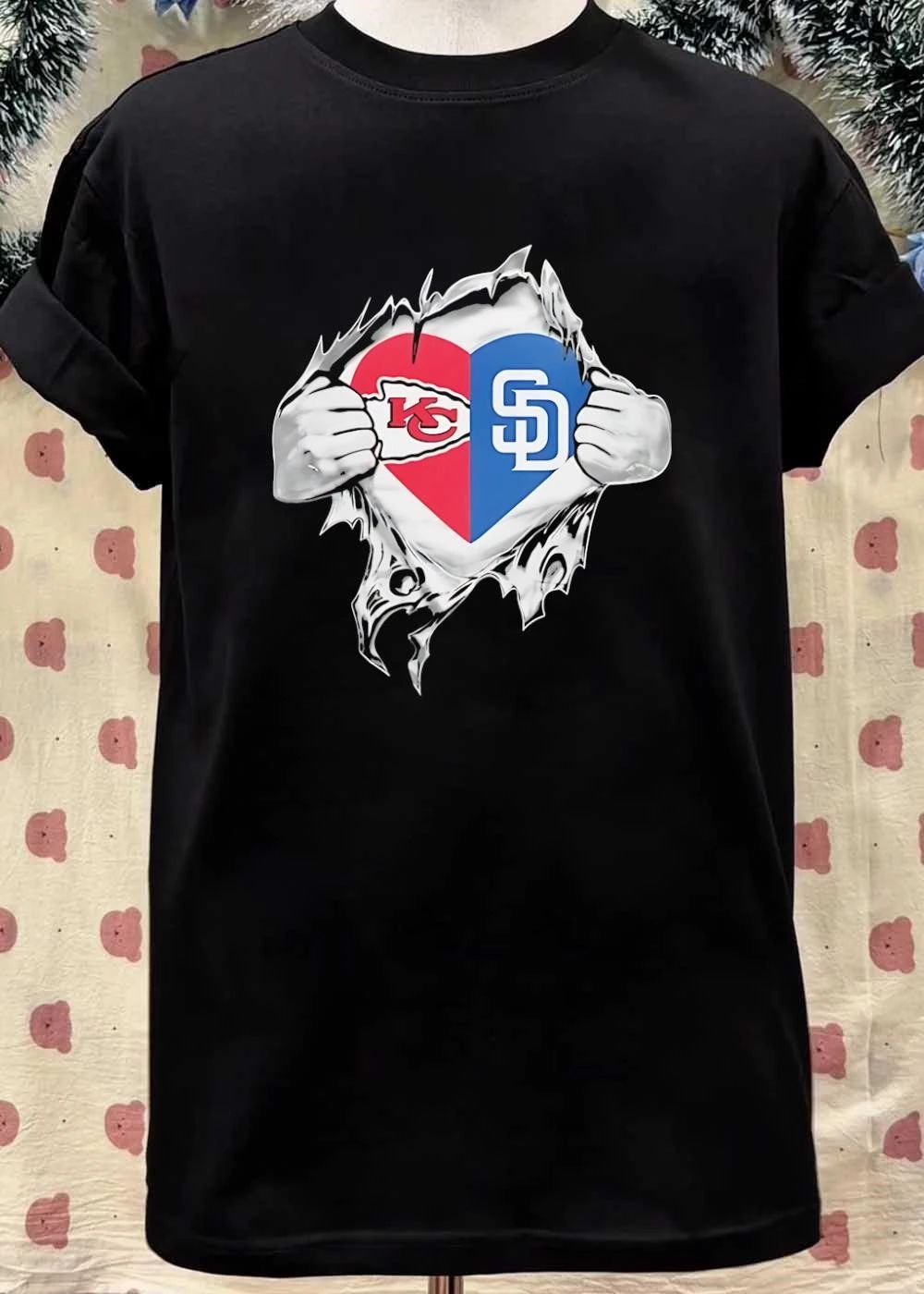 Show Your Fandom Hands Ripping Open Shirt KC Chiefs SD Padres T-Shirt