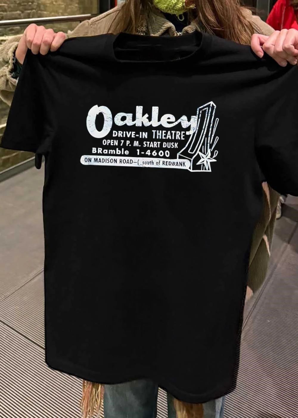 Oakley Drive-in Theatre Open 7 PM Start Dusk Bramble 14600 on Madison Road South of Redbank Vintage Retro Drive-in Theatre T-Shirt
