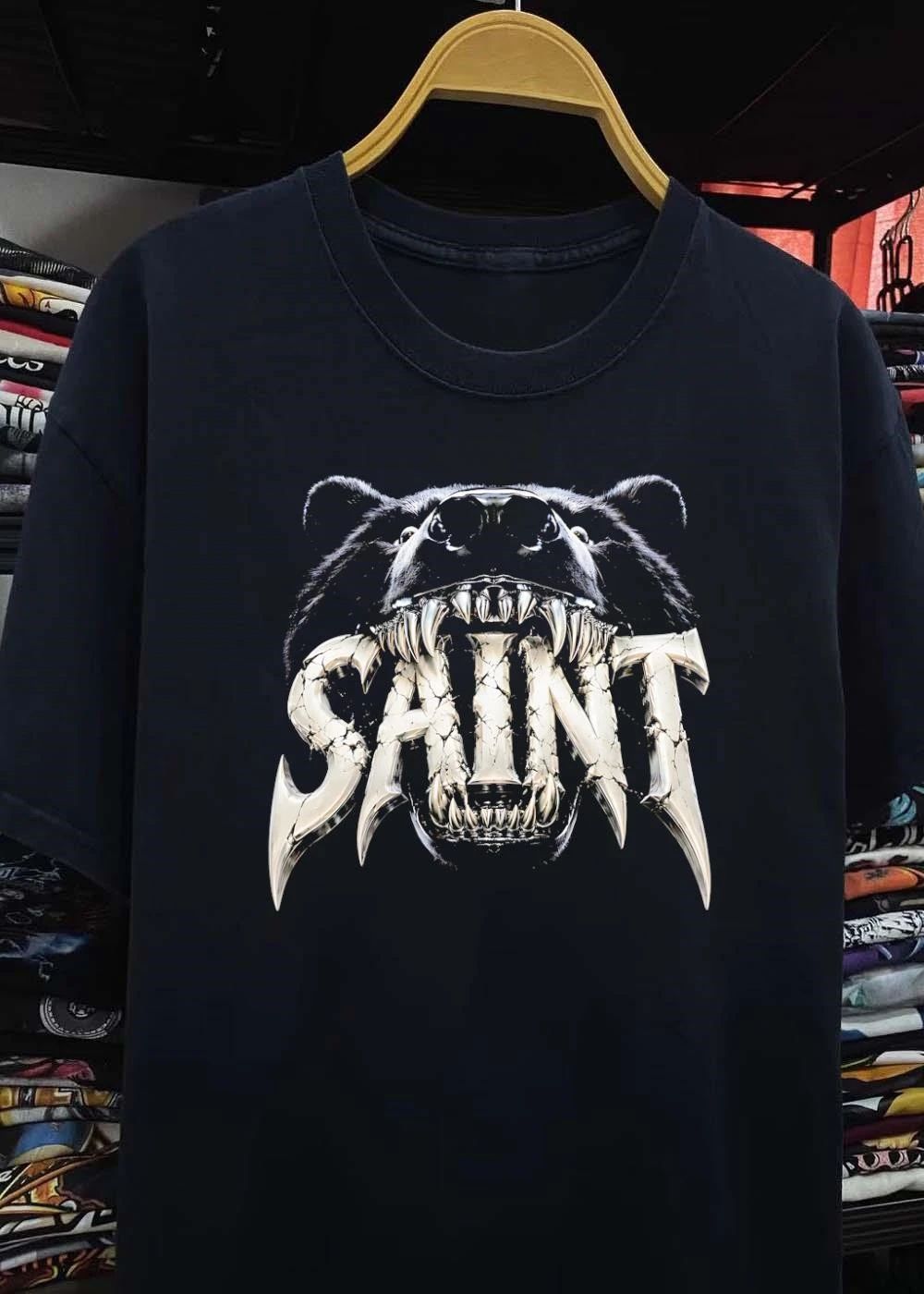 Black Bear Vicious Growl Saint Silver Cracked Metallic T-Shirt